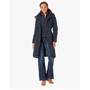 Cole Haan Signature Puffer Coat Women Medium Navy Blue Down Hooded Smocked Waist